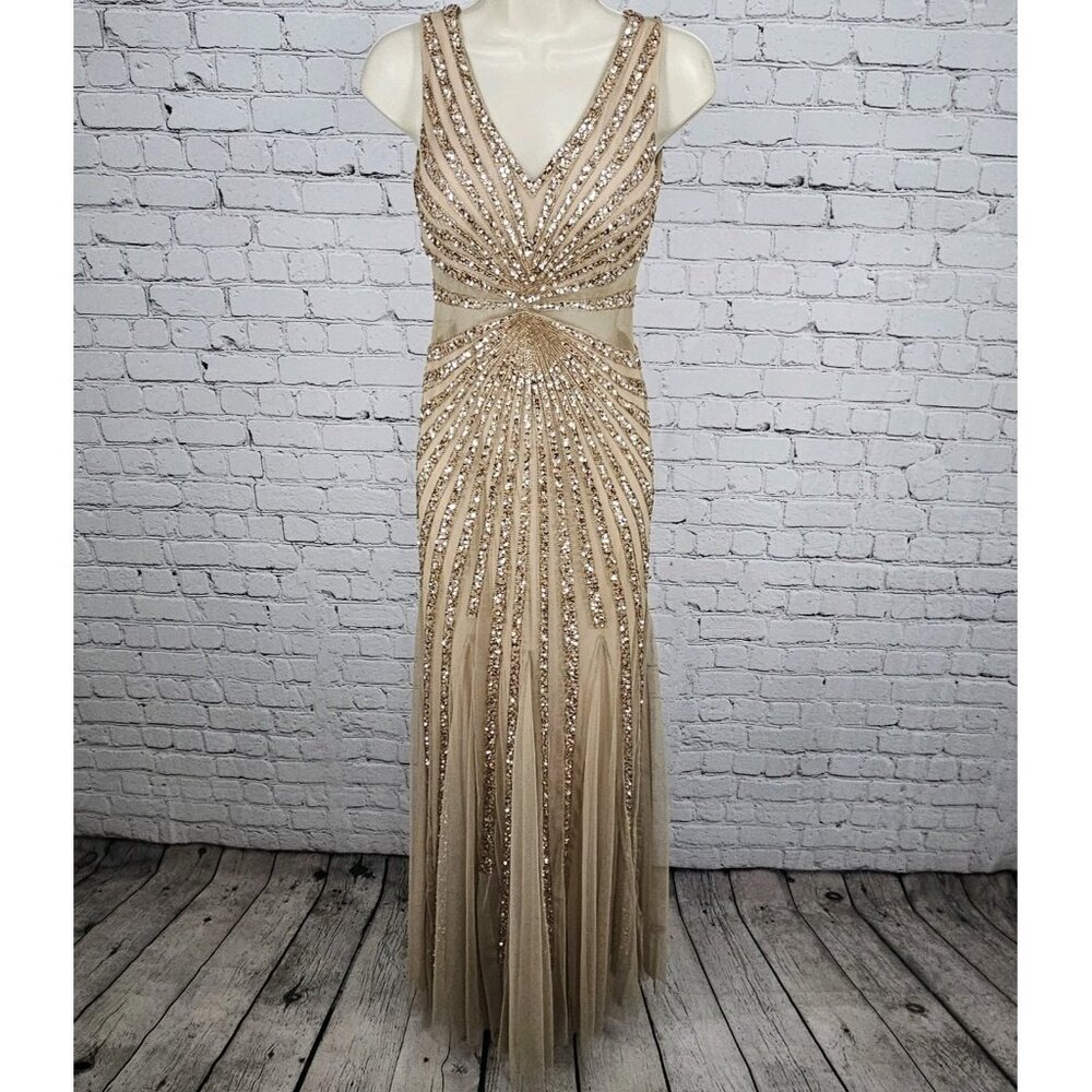 Adrianna Papell Beige Pink Beaded Sequin Sheer Waist Gown Formal Maxi Dress 0